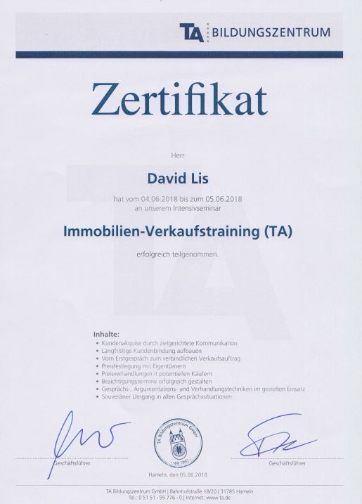 Immobilien-Verkaufstraining 2018 – Zertifikat David Lis