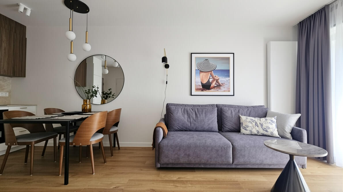 Wohnzimmer einer bezugsfertigen Wohnung in Dziwnow an der polnischen Ostsee